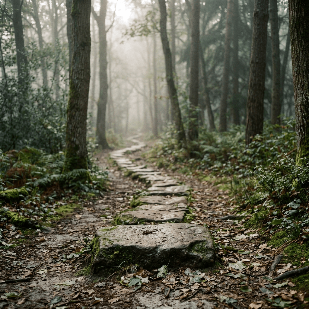 Mossy stone path winding through a misty forest